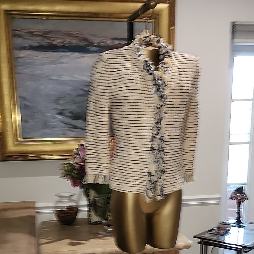 St. John Cream and Black Women's Jacket With Fringe Detail Sz. 4
